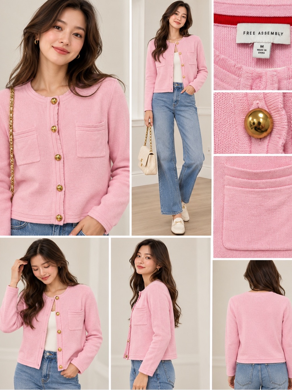 Free Assembly Women’s M Pink Cardigan Gold Button Pocket Knit Sweater